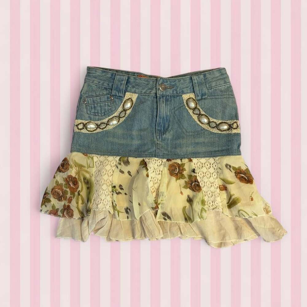 Angel Garden Y2K Floral Chiffon Tiered Denim Mini Skirt